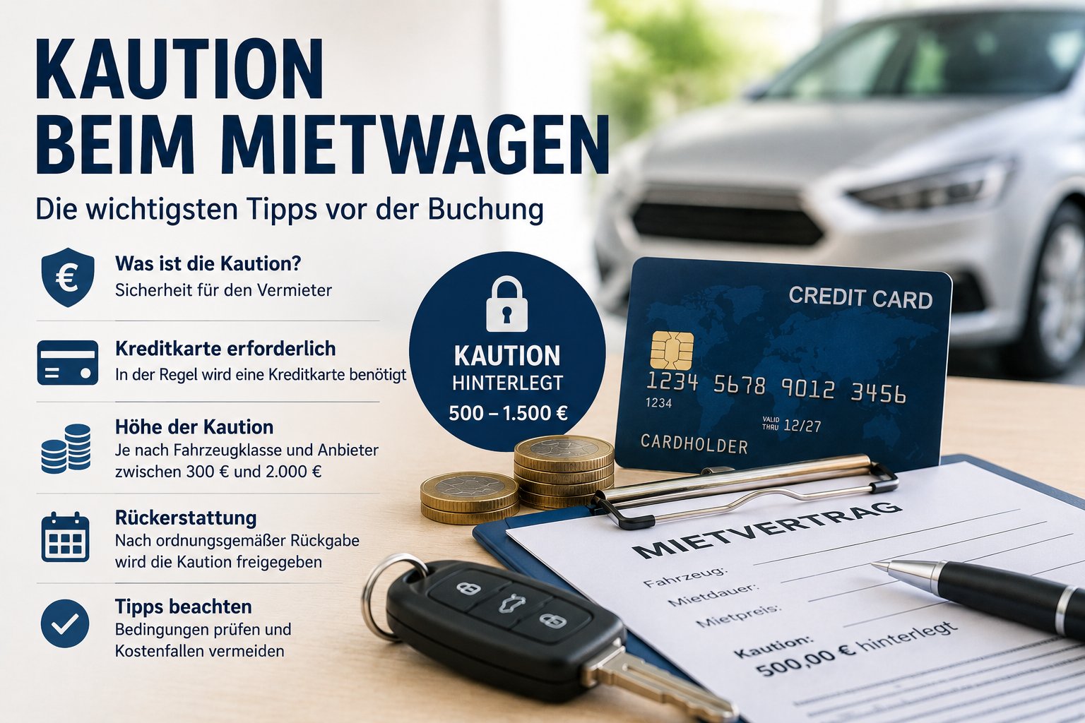 Kaution beim Mietwagen mit Kreditkarte, Autoschlüssel und Mietvertrag