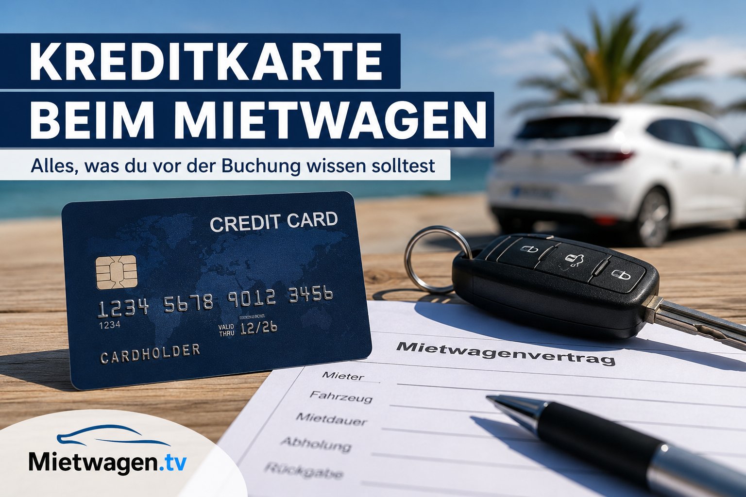 Kreditkarte beim Mietwagen mit Autoschlüssel und Mietwagenvertrag