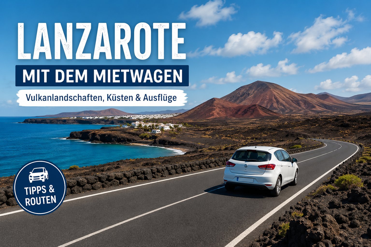 ALT-Text: Lanzarote mit dem Mietwagen in der Vulkanlandschaft der Kanaren